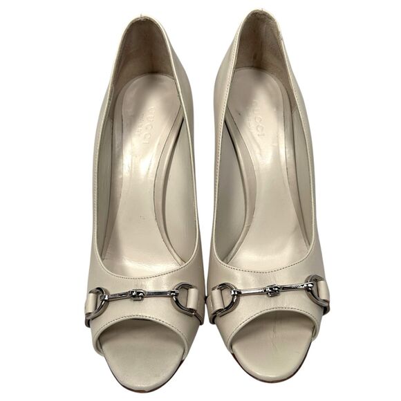 Gucci Peep Toe Horsebit Stiletto Heel Pump Shoes Women 36.5 Beige Leather 247518 - Picture 3 of 10